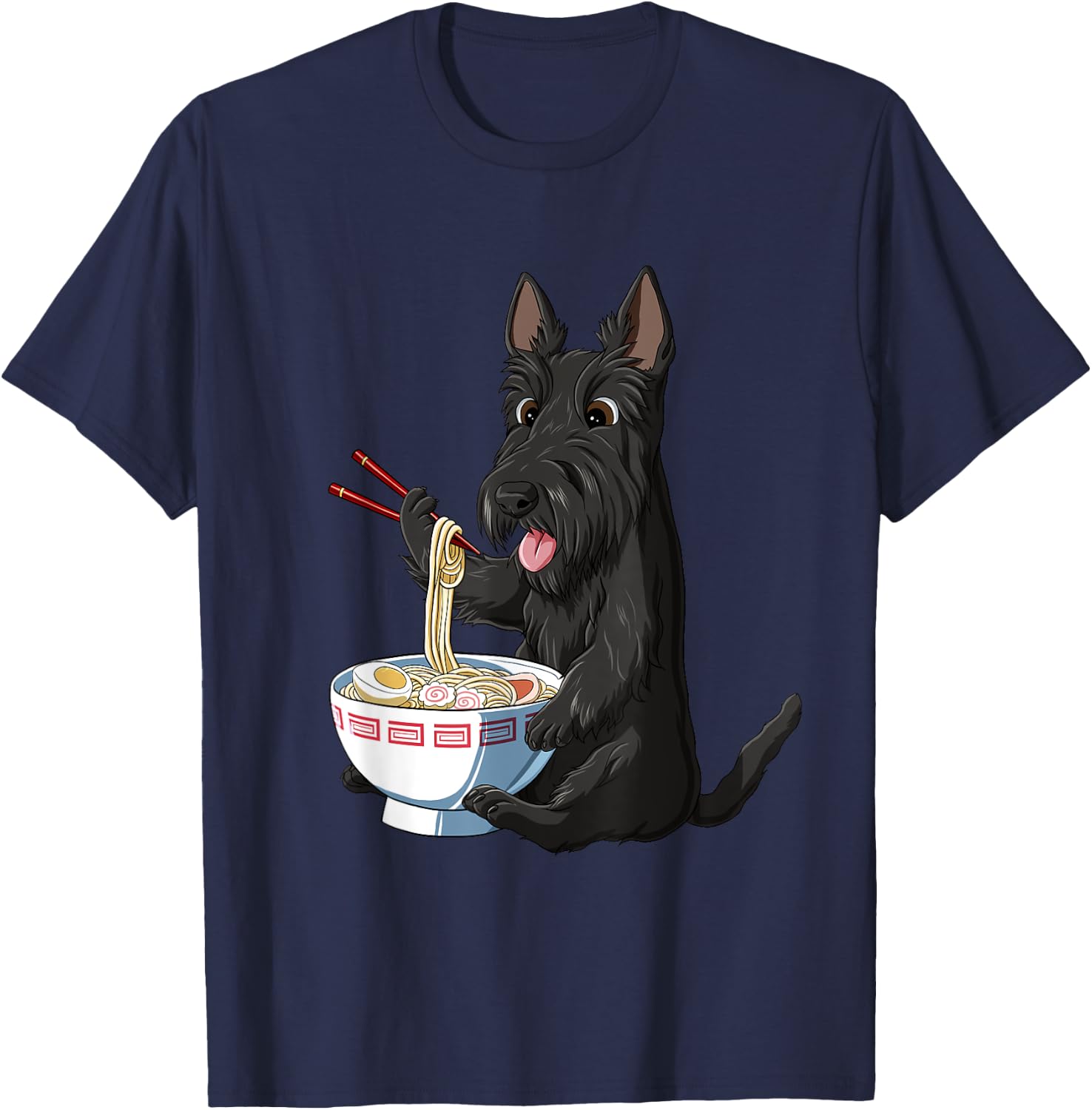 Funny Japanese Anime Dog Scottish Terrier Eating Ramen T-Shirt - T-Shirt | Navy