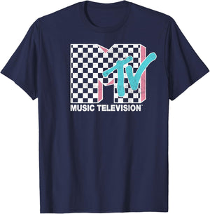MTV Neon Distressed Checkered Logo Graphic T-Shirt - T-Shirt | Navy