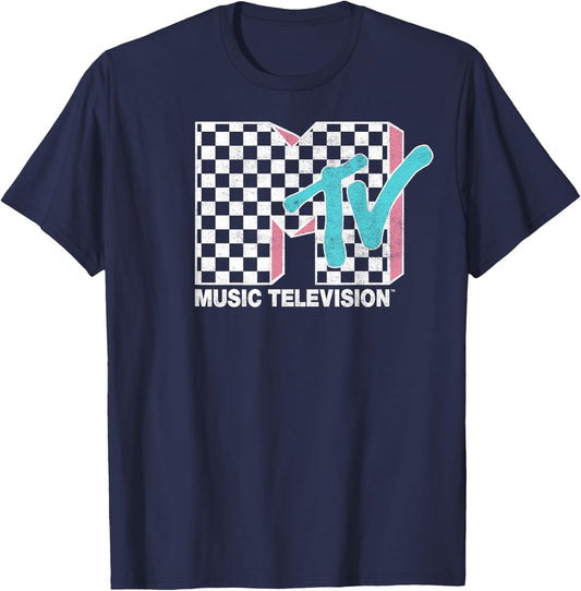 MTV Neon Distressed Checkered Logo Graphic T-Shirt - T-Shirt | Navy