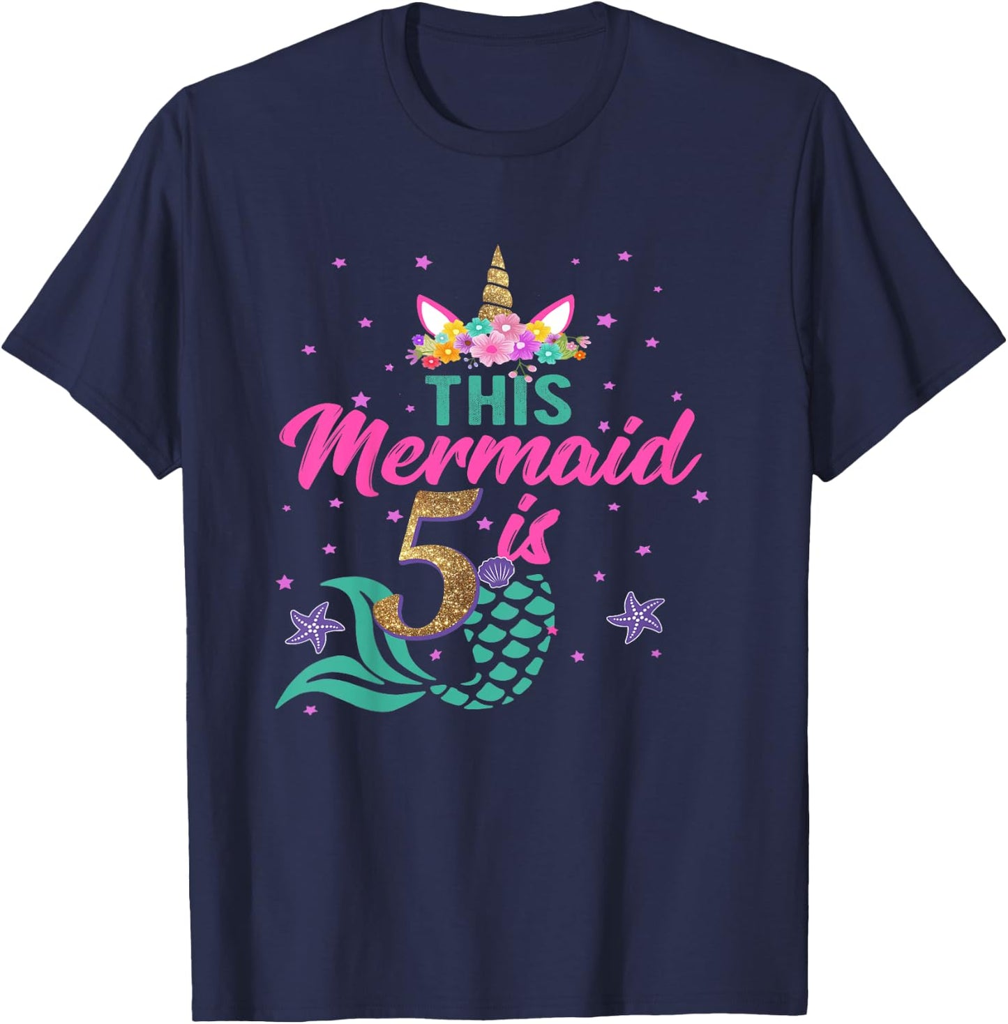 5th Birthday Girl Unicorn Shirt Mermaid Tail 5 Years Old T-Shirt - T-Shirt | Navy