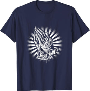 Rosary Praying Hands Believe Faith Jesus Christian T-Shirt - T-Shirt | Navy