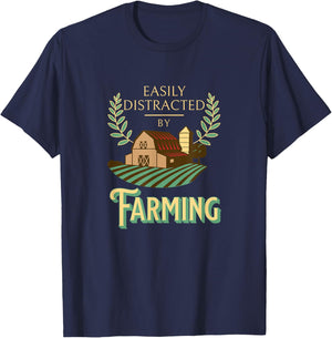 Easily Distracted By Farming Agriculture Farm Lifestyle T-Shirt - T-Shirt | Navy