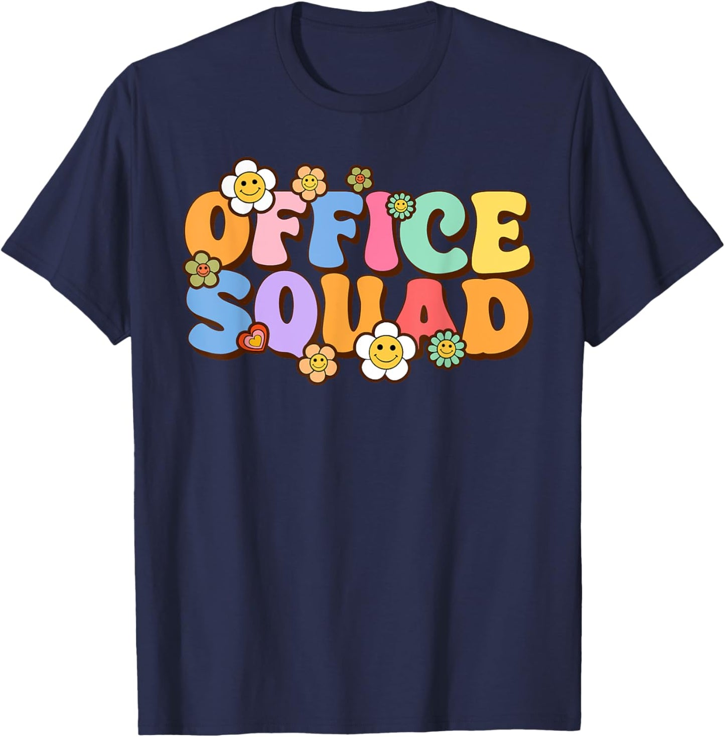 Retro Office Squad Groovy Happy Flower T-Shirt - T-Shirt | Navy