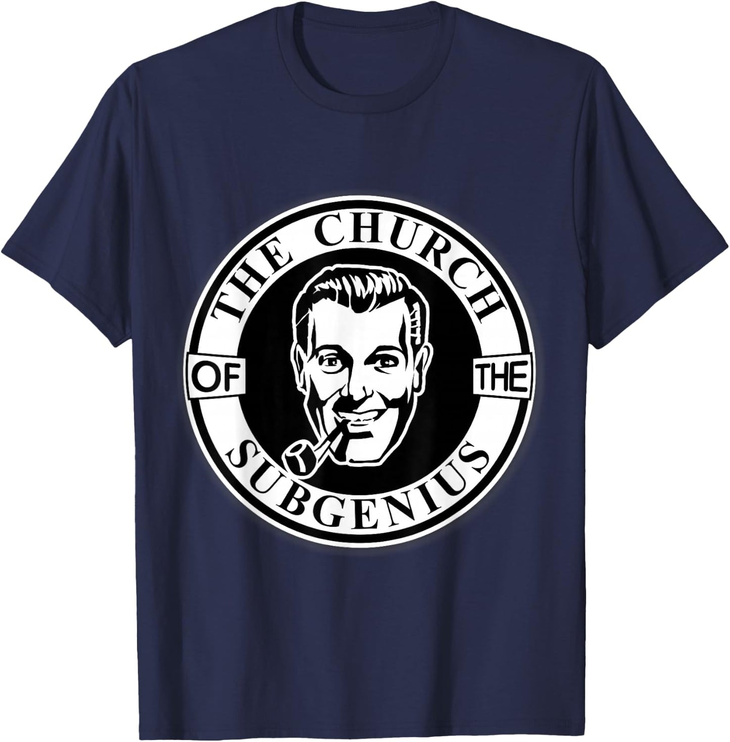Apedes -Adults Black Cotton 65% Polyester 35% Classic Fit Collarless Short Sleeve - Church of the SubGenius - Religion Parody Prophet Church - Small T-Shirt - T-Shirt | Navy