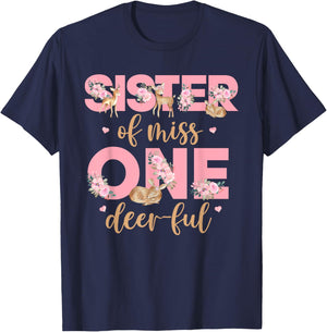 Sister of Little Miss One-deer-ful Bday Girl Floral Deer T-Shirt - T-Shirt | Navy