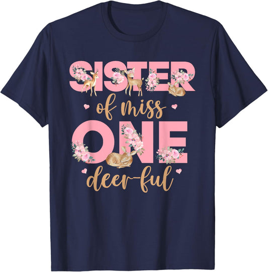 Sister of Little Miss One-deer-ful Bday Girl Floral Deer T-Shirt - T-Shirt | Navy