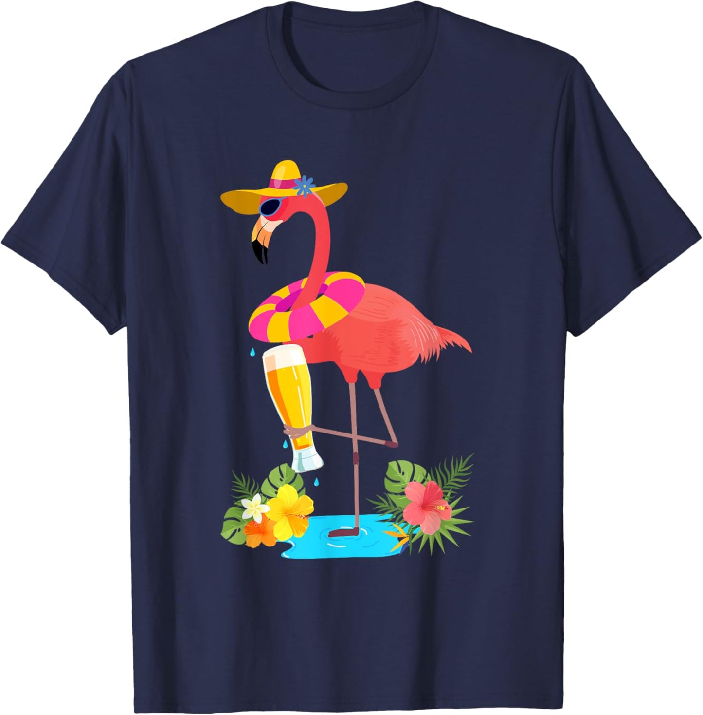 Pink Flamingo Drinking Beer Summer Vacation Beer Lover T-Shirt - T-Shirt | Navy