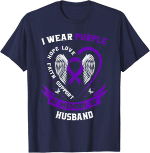 Wear Purple In Memory of Husband Pancreatic Cancer Awareness T-Shirt - T-Shirt | Navy