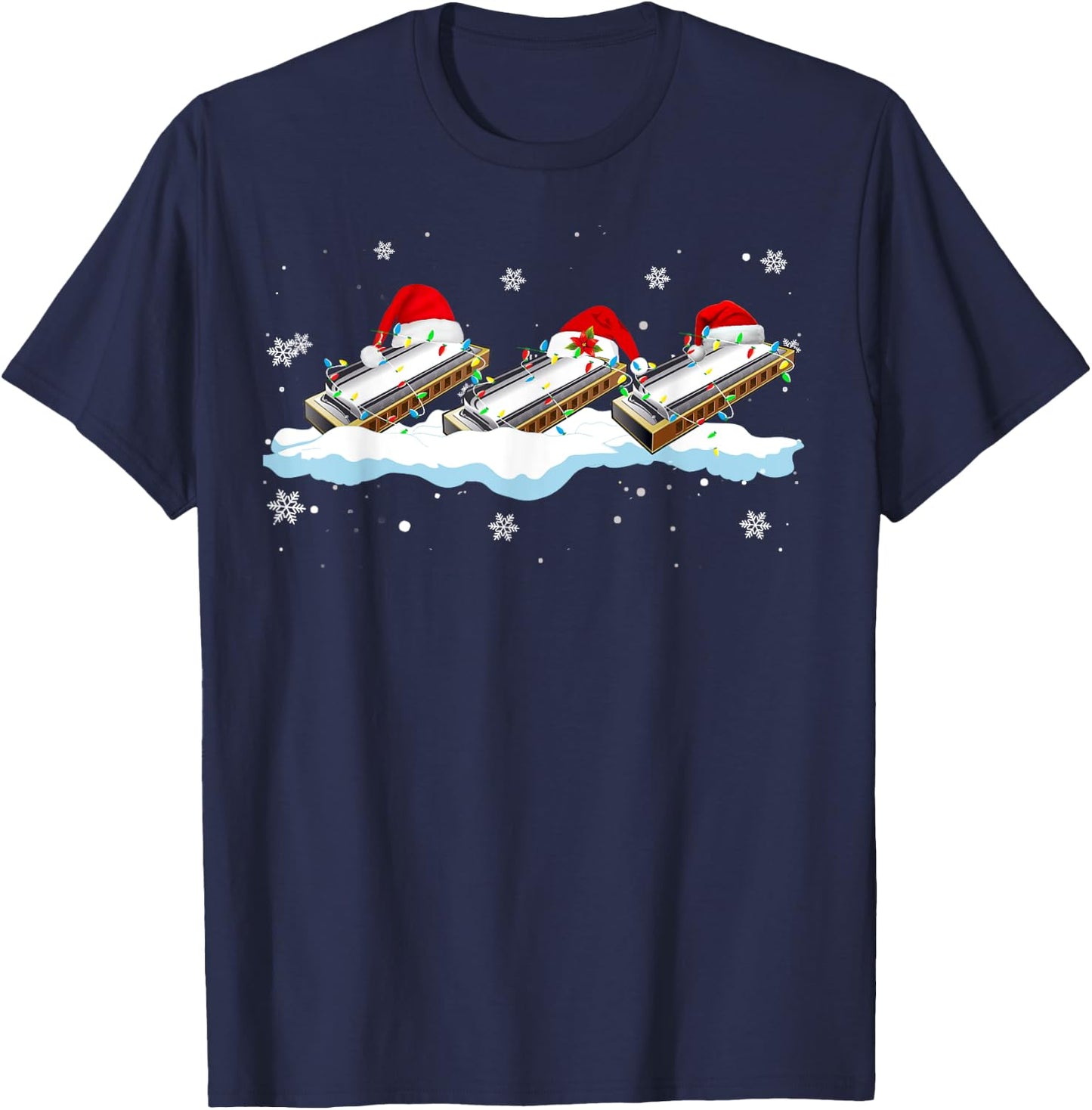 Santa Harmonica Christmas Lights Funny Harmonica Lover Gifts T-Shirt - T-Shirt | Navy