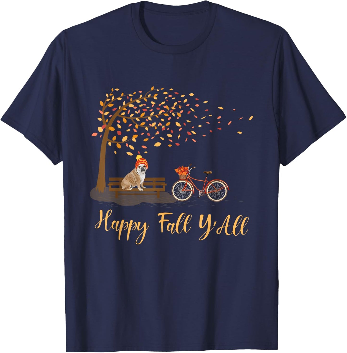 Happy Fall Y'All Funny English Bulldog Autumn Season Bicycle Women Kids T-Shirt - T-Shirt | Navy