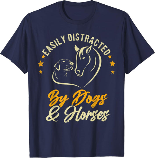Easily Distracted By Dogs And Horses Dog Mom Horse Mom Women Girls Kids T-Shirt - T-Shirt | Navy