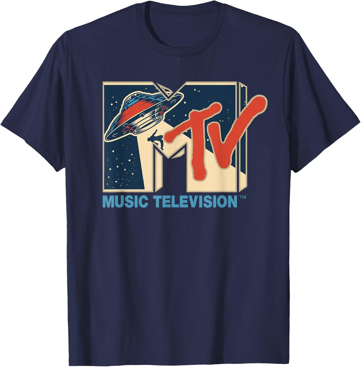Mademark x MTV - MTV Logo Alien UFO Space Ship Teleporting Beam In Space MTv T-Shirt - T-Shirt | Navy
