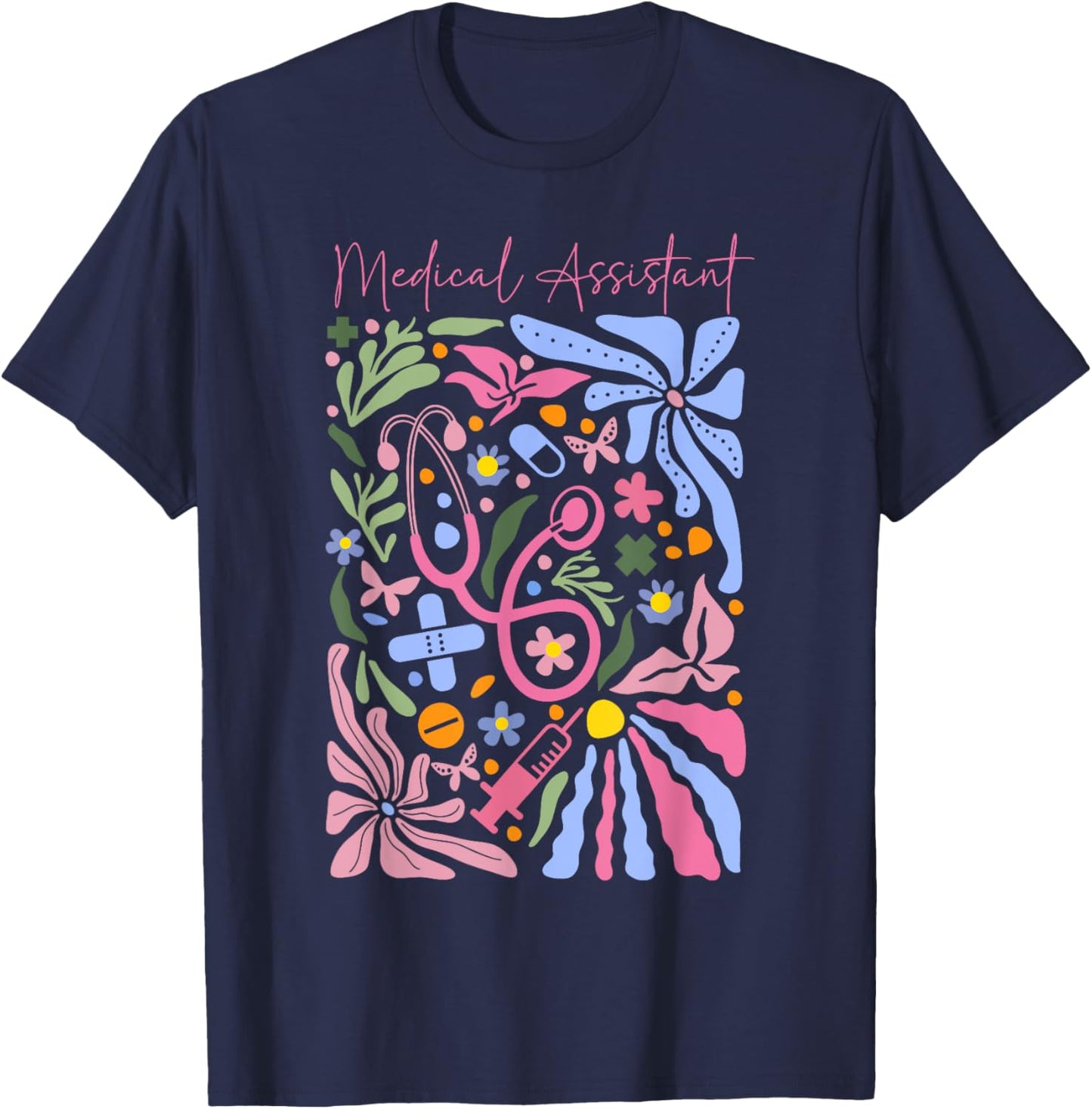 Boho Flower Medical Assistant Stethoscope Healthcare Worker T-Shirt - T-Shirt | Navy