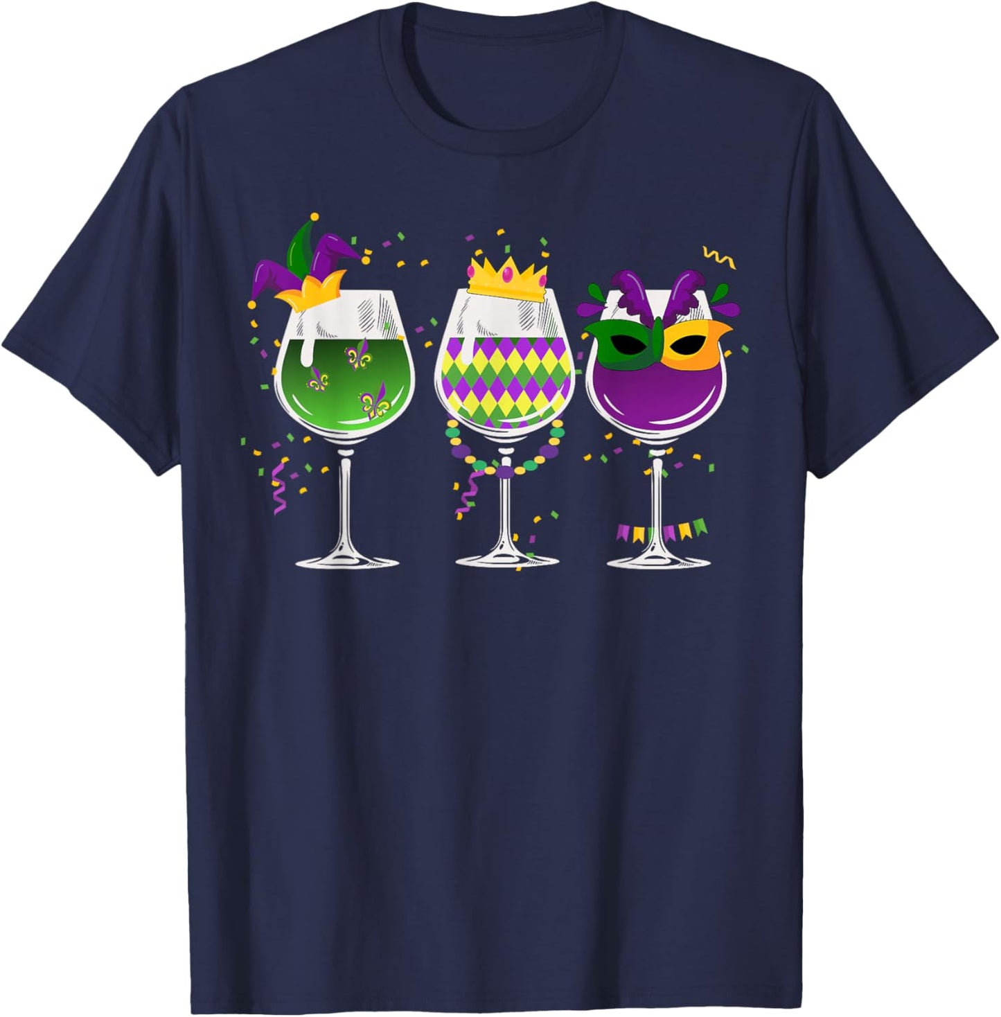 Funny Drinking Mardi Gras Glass Of Wine | Men Women Trendy T-Shirt - T-Shirt | Navy