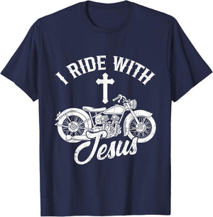 I Ride With Jesus Proud Christian Motorcycle Rider Biker T-Shirt - T-Shirt | Navy