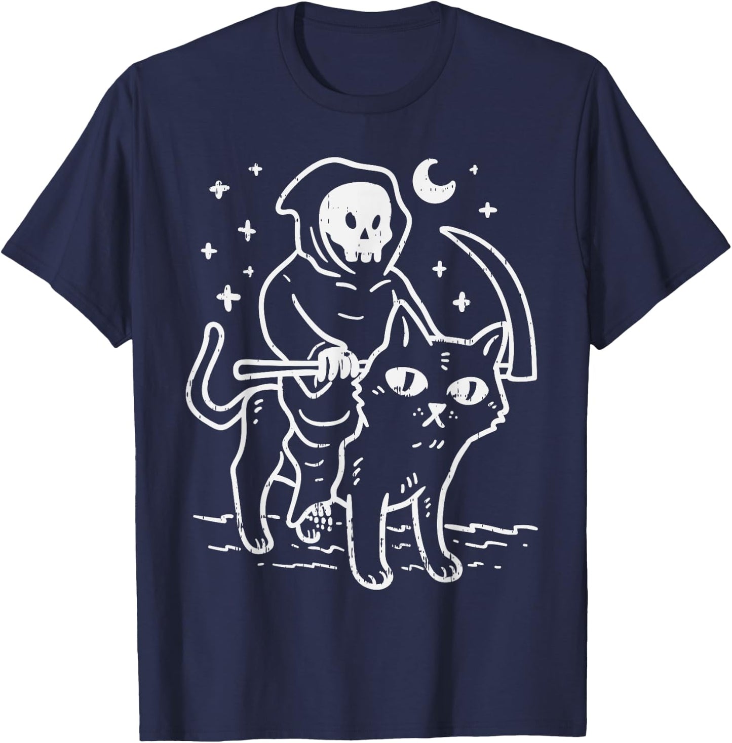 Grim Reaper Riding Cat Moon Funny Death Halloween Costume Men Women Kids T-Shirt - T-Shirt | Navy