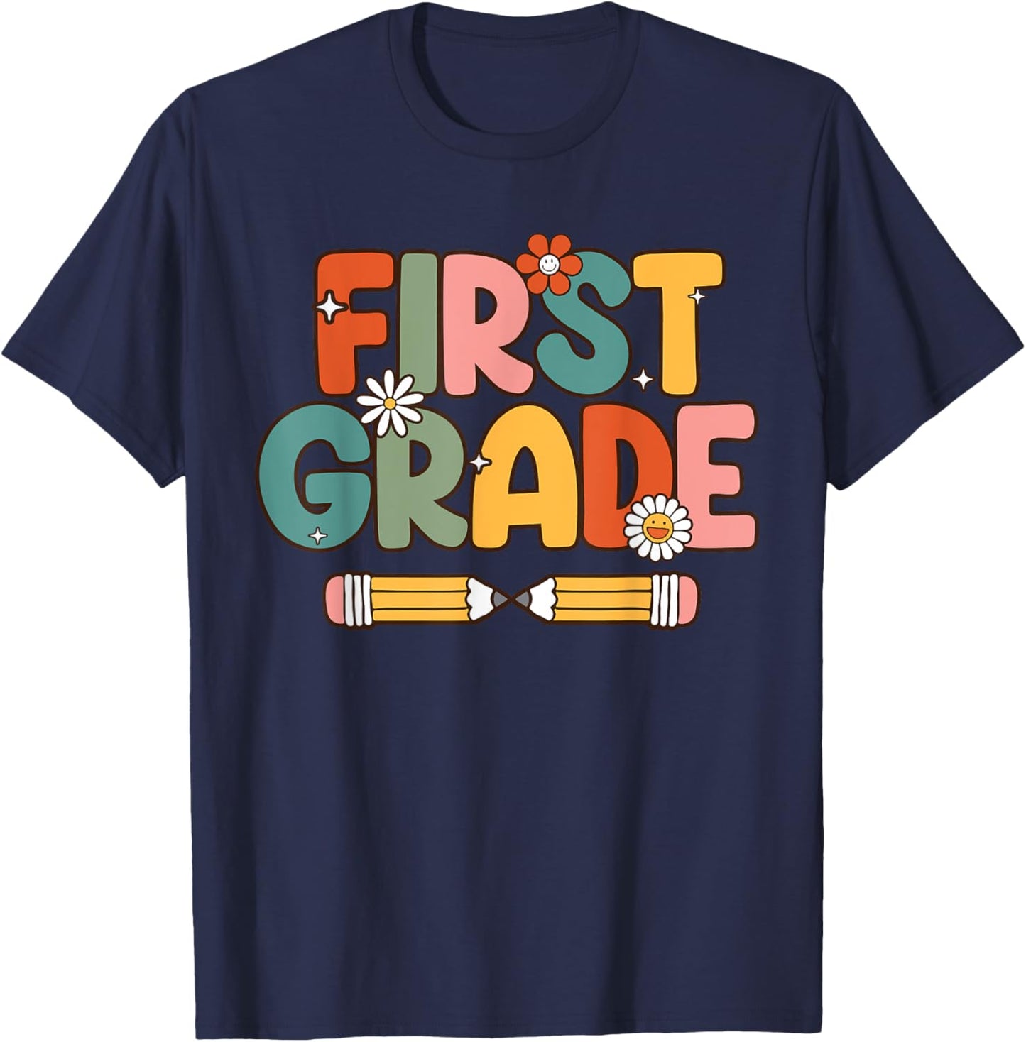 Retro Sunset First Grade Teacher & Student Back To School Men Women T-Shirt - T-Shirt | Navy
