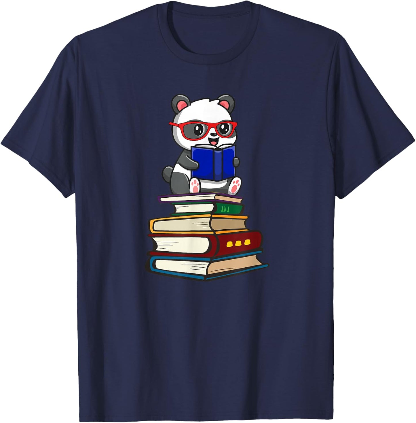 Cute Kids Girls Kawaii Glasses Reading Books Panda T-Shirt - T-Shirt | Navy