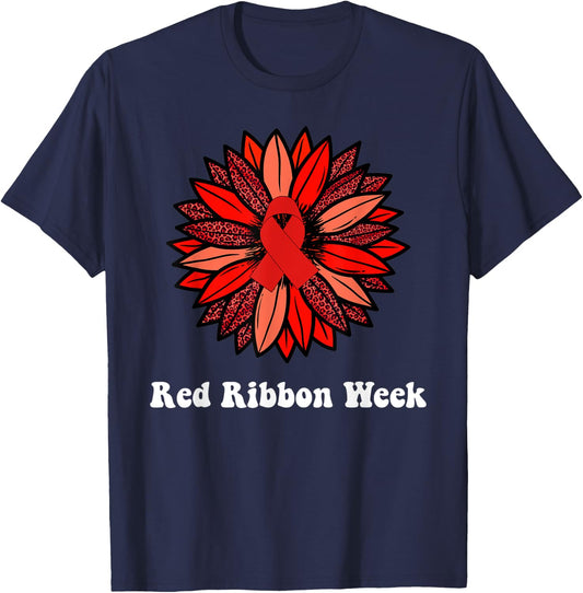 Red Ribbon Week Shirt Red Ribbon Sunflower Red Ribbon Week T-Shirt - T-Shirt | Navy