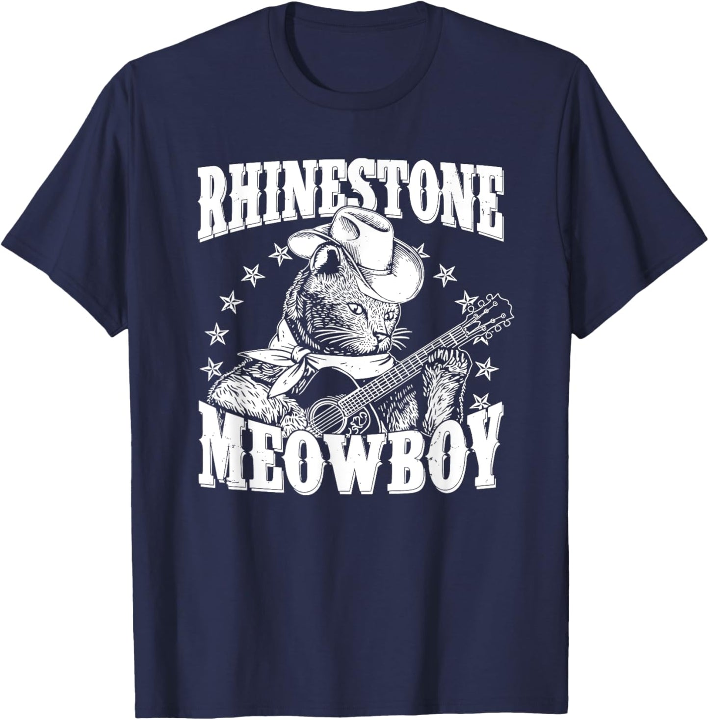 Meowboy Funny Meow Cowboy Cat Playing Guitar Country Music T-Shirt - T-Shirt | Navy