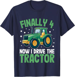 Kids Finally 4 Years | 4th Birthday | Farmer Toddler Boys Tractor T-Shirt - T-Shirt | Navy