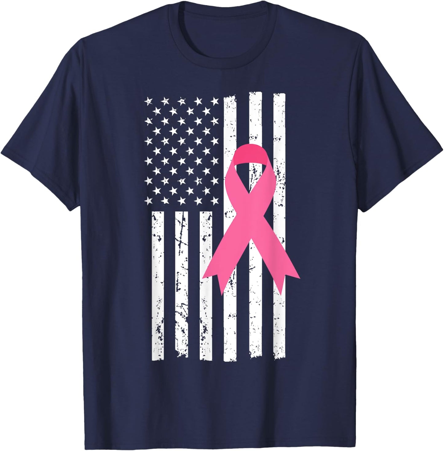 US Flag Pink Ribbon Cool Breast Cancer Awareness Gifts T-Shirt - T-Shirt | Navy