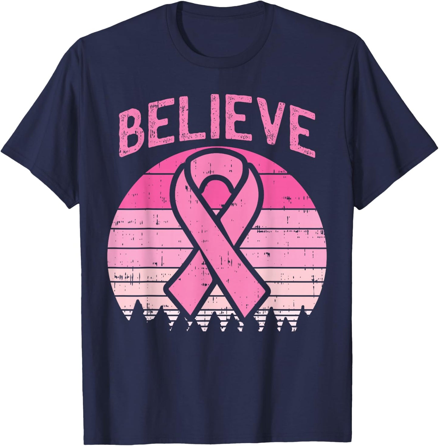 Believe Breast Cancer Awareness Pink Ribbon Women Survivor T-Shirt - T-Shirt | Navy