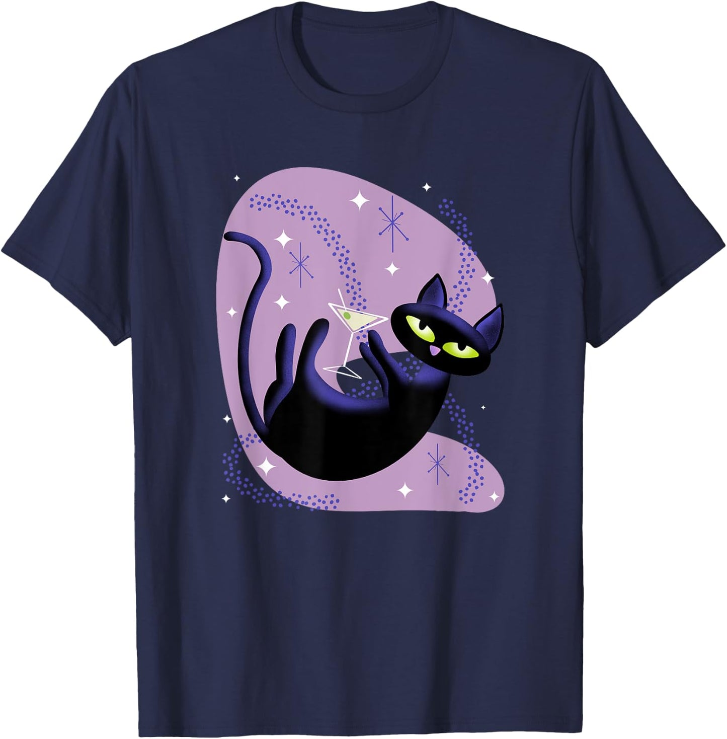 Cool Retro Atomic Cat Swimming in Space with Martini Men Women T-Shirt - T-Shirt | Navy