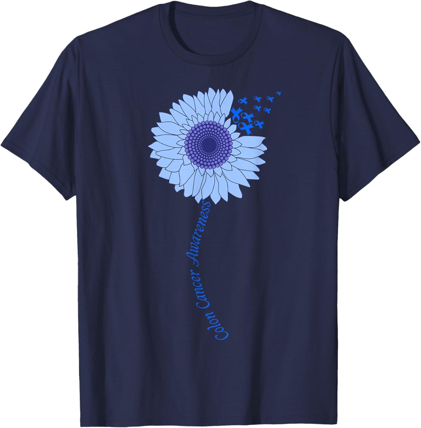 Colon Cancer Awareness Sunflower Periwinkle Ribbon T-Shirt - T-Shirt | Navy