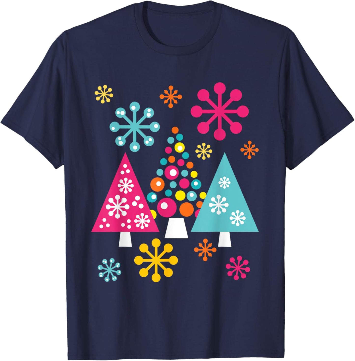 Groovy Retro Christmas Trees and Snowflakes T-Shirt - T-Shirt | Navy