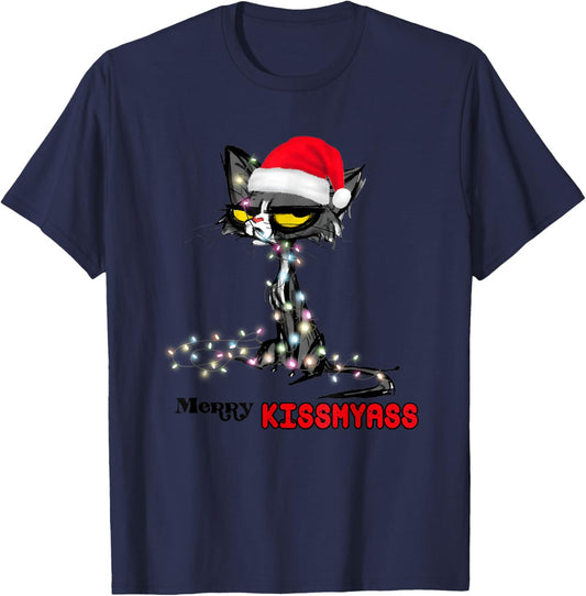 Cool Cat Hat Merry Kiss My Ass Christmas T-Shirt - T-Shirt | Navy