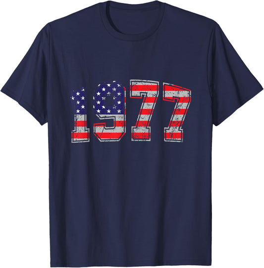 Vintage 1977 47 Years Old American Flag 4th Of July Retro T-Shirt - T-Shirt | Navy