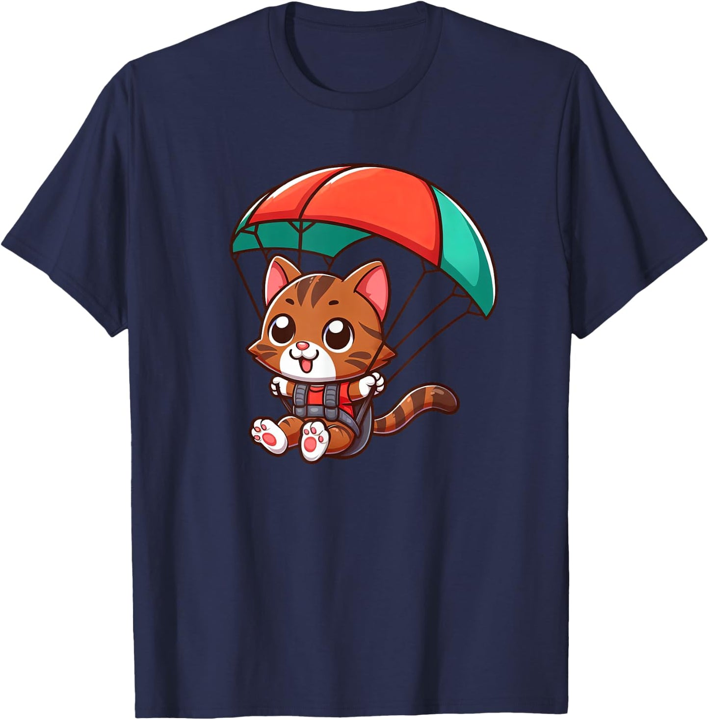 Brown Tabby Cat Skydiving Pet Funny Parachuting T-Shirt - T-Shirt | Navy