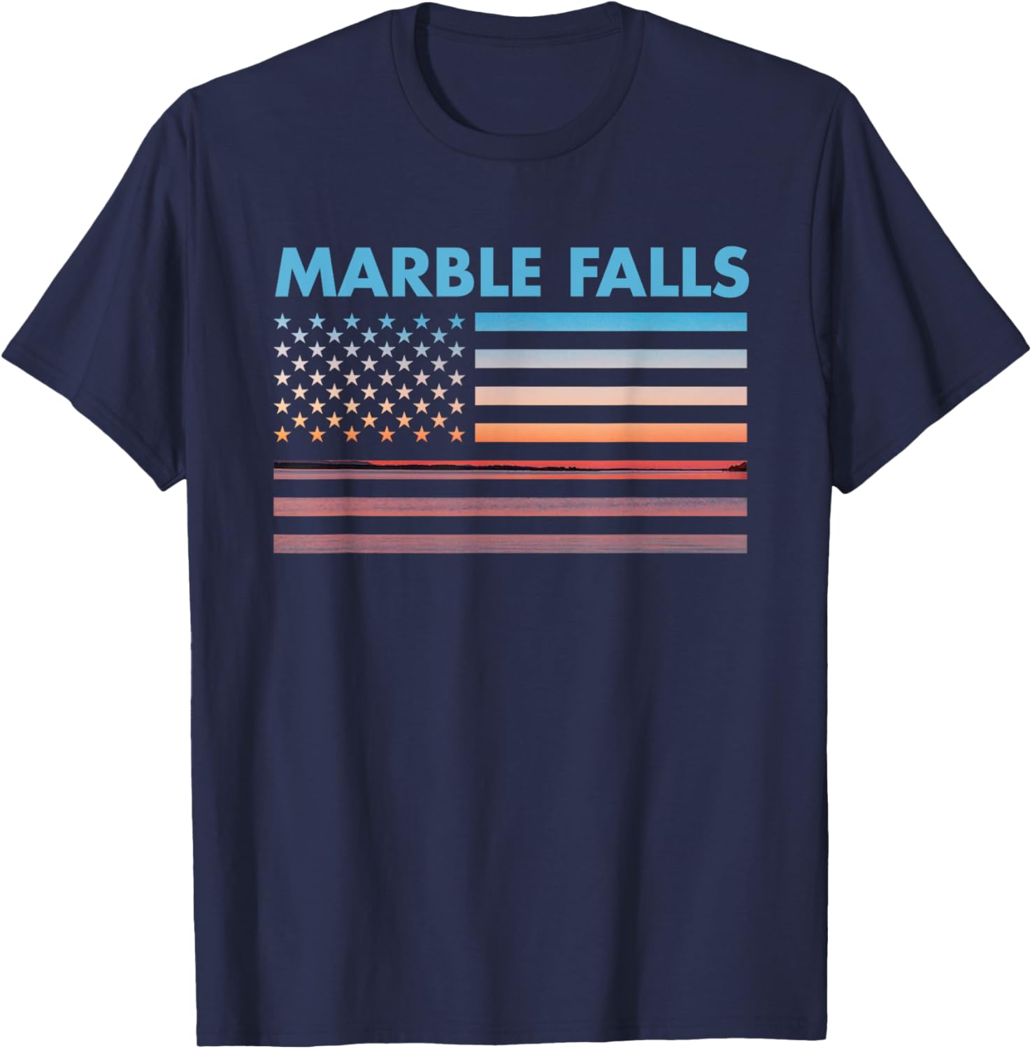 Vintage Sunset American Flag Marble Falls, Texas T-Shirt - T-Shirt | Navy