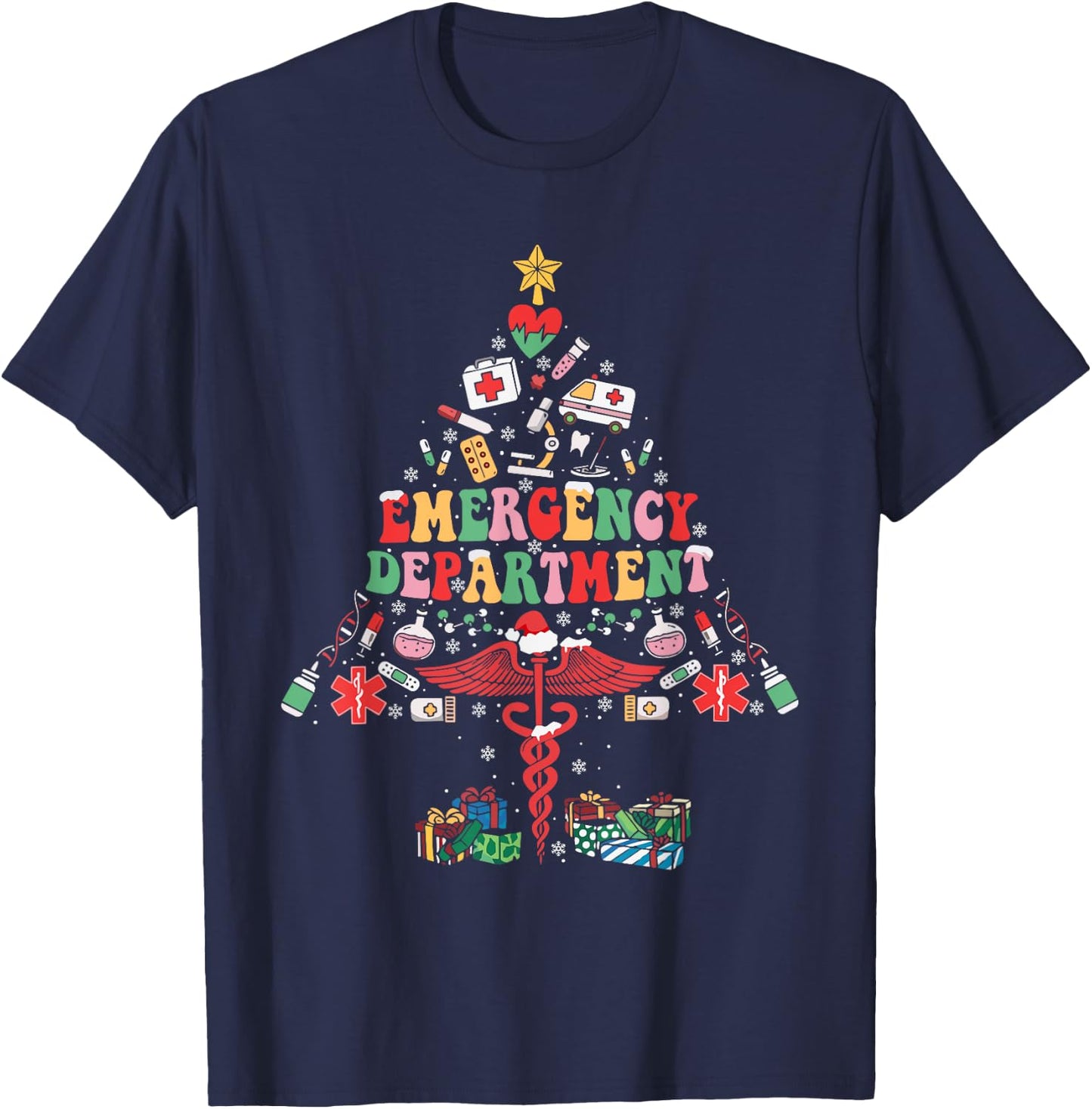 Retro Emergency Department Christmas Tree ER Crew Nurse Xmas T-Shirt - T-Shirt | Navy