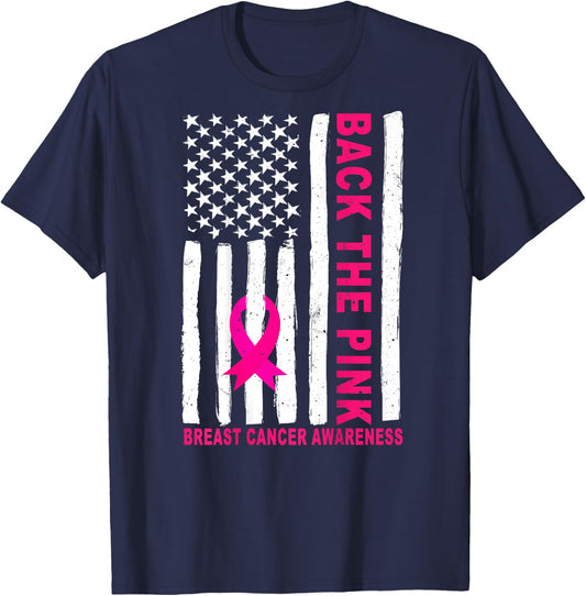 Back The Pink Ribbon USA Flag Breast Cancer Awareness T-Shirt - T-Shirt | Navy
