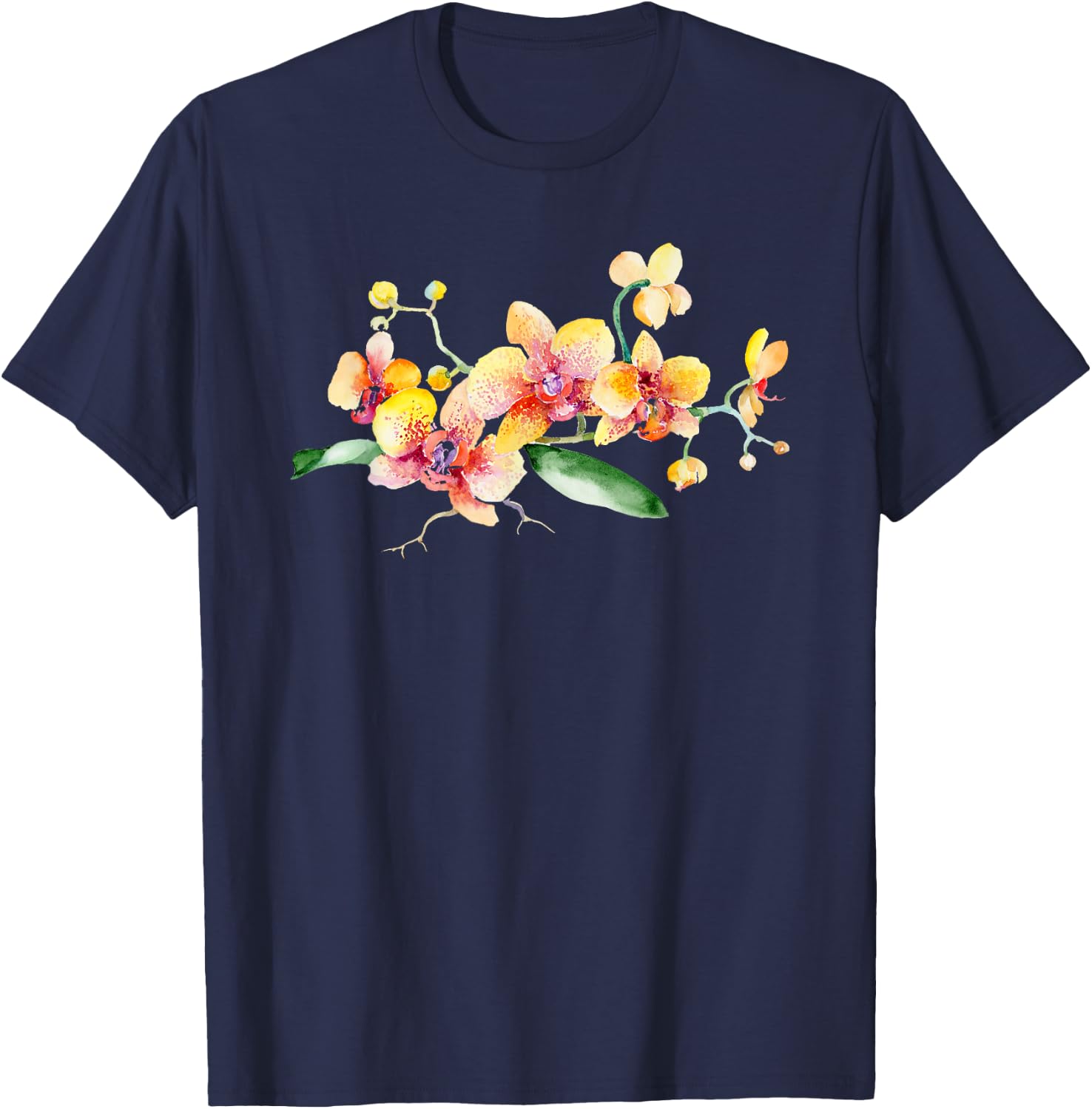 Yellow Orchid Flower Watercolor Floral Design T-Shirt - T-Shirt | Navy