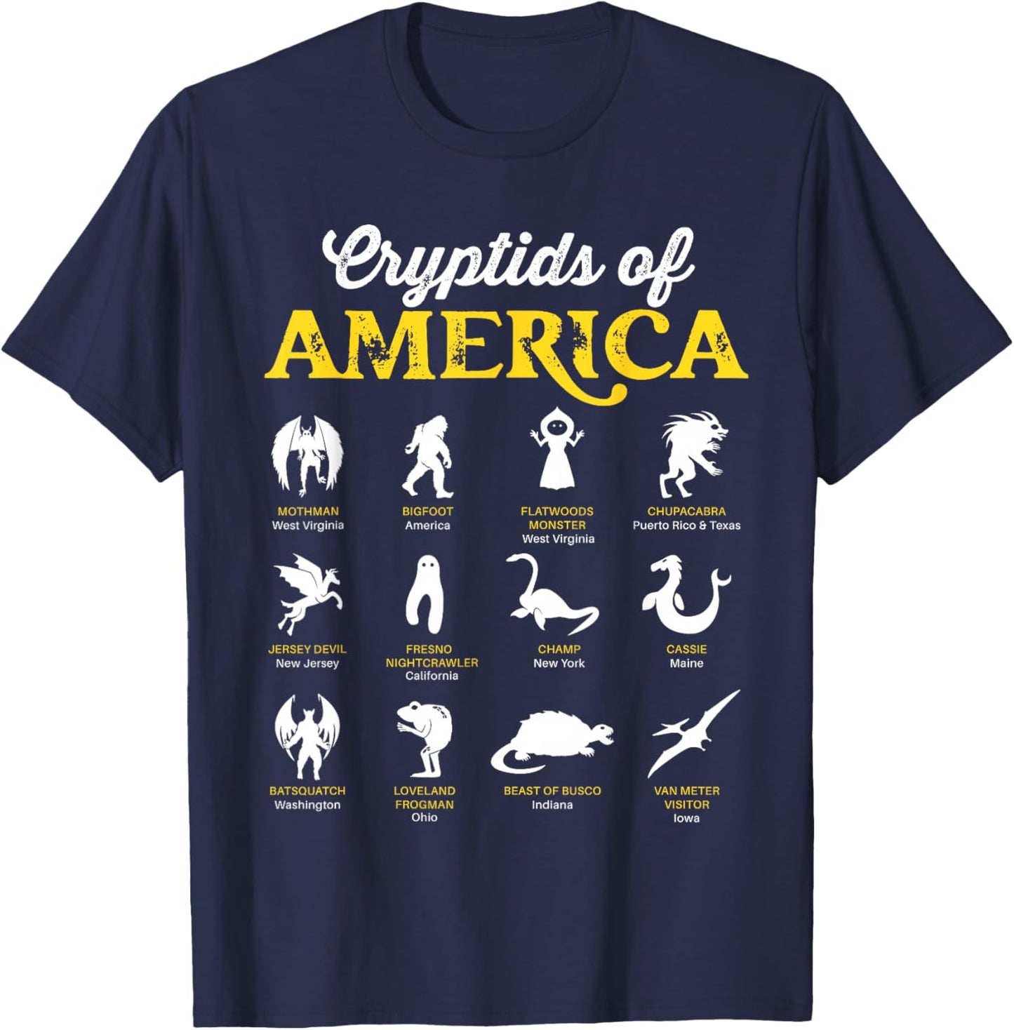 Cryptids of America Mothman Chupacabra Frogman Jersey Devil T-Shirt - T-Shirt | Navy