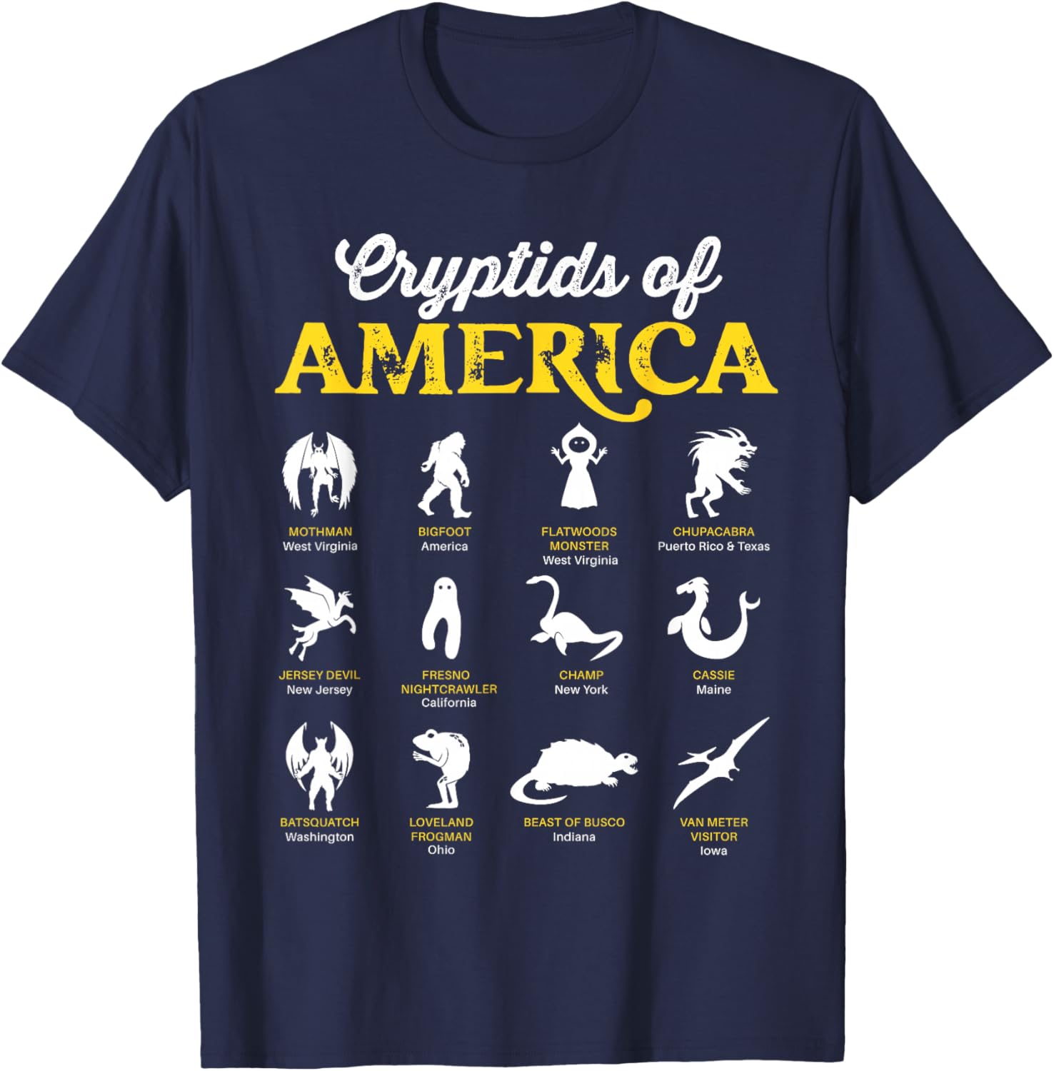 Cryptids of America Mothman Chupacabra Frogman Jersey Devil T-Shirt - T-Shirt | Navy