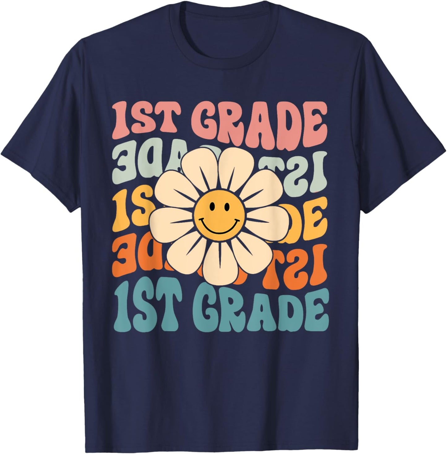 Retro 1st Grade Daisy Colorful Back To School First Grade T-Shirt - T-Shirt | Navy