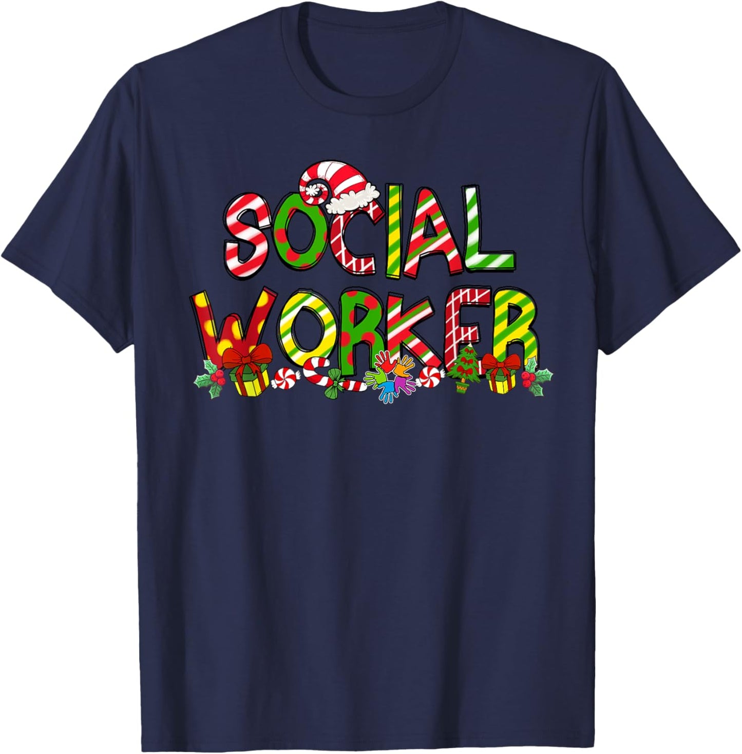 Social Worker Santa Hat Candy Cane Christmas Funny Xmas T-Shirt - T-Shirt | Navy