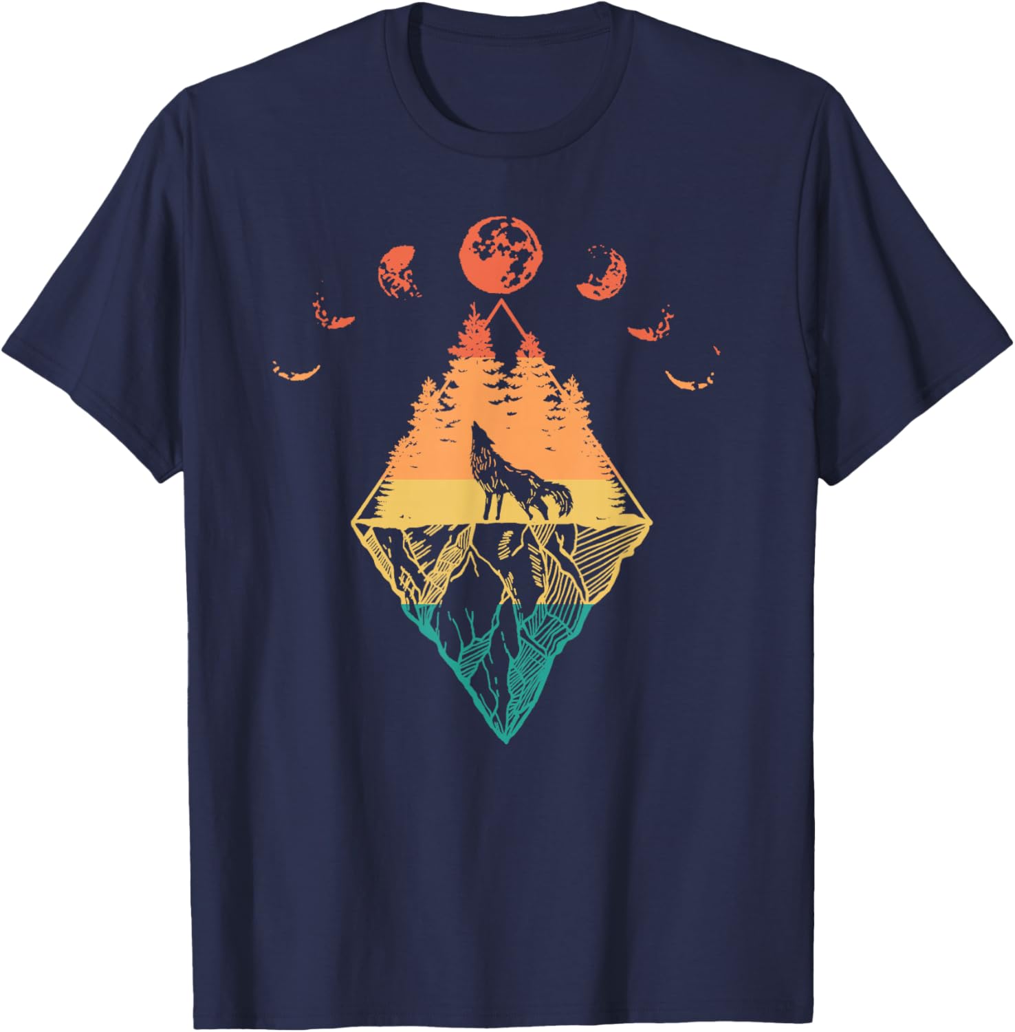 Howling Wolf Phases Of The Moon Retro T-Shirt - T-Shirt | Navy