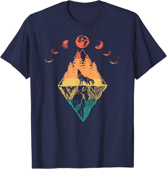 Howling Wolf Phases Of The Moon Retro T-Shirt - T-Shirt | Navy