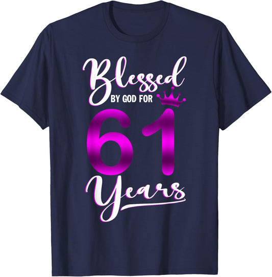 Vintage Blessed by God For 61 Years Old Happy 61st Birthday T-Shirt - T-Shirt | Navy