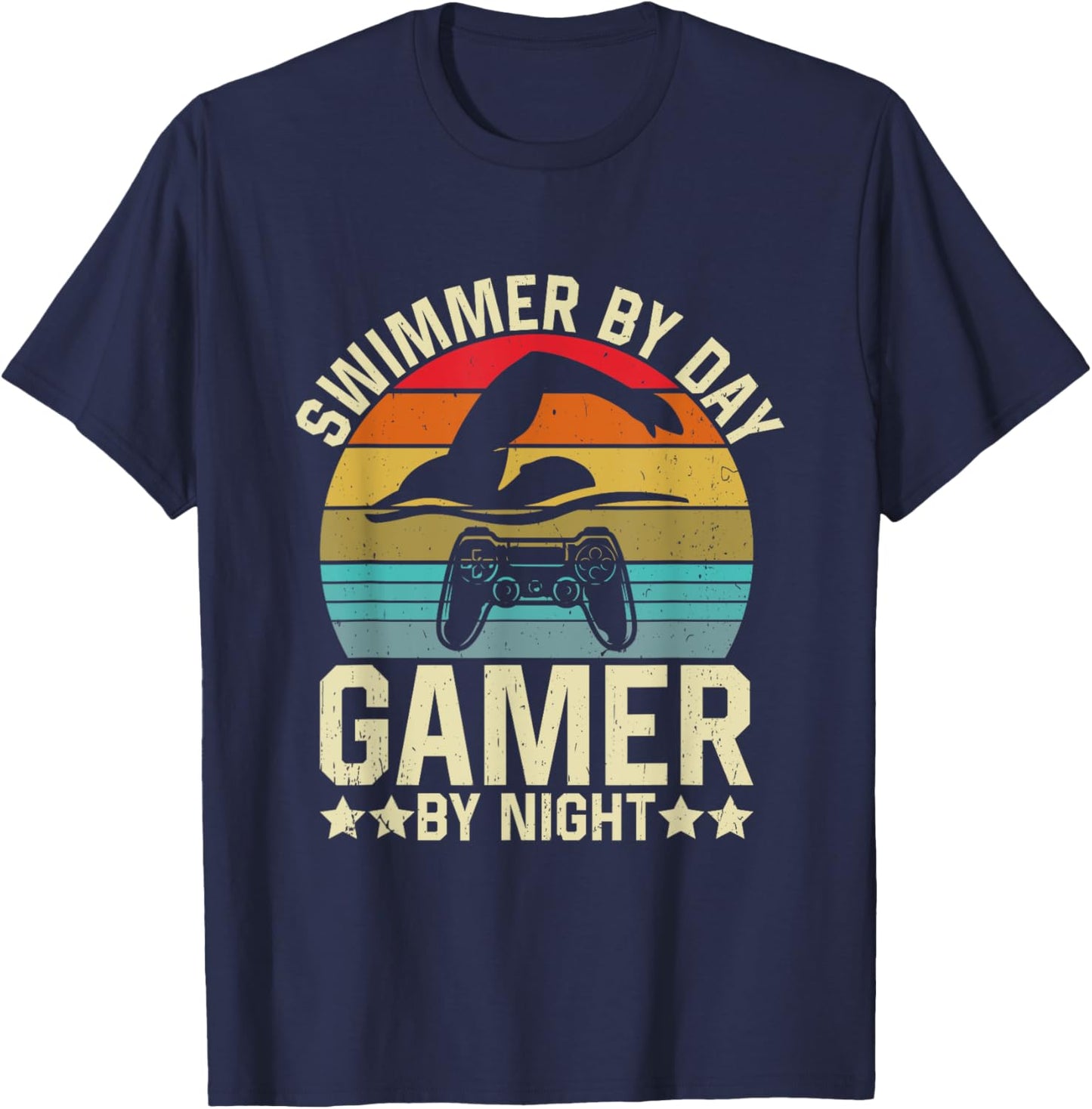 Swimmer By Day Gamer By Night Swimming Video Games Lover T-Shirt - T-Shirt | Navy