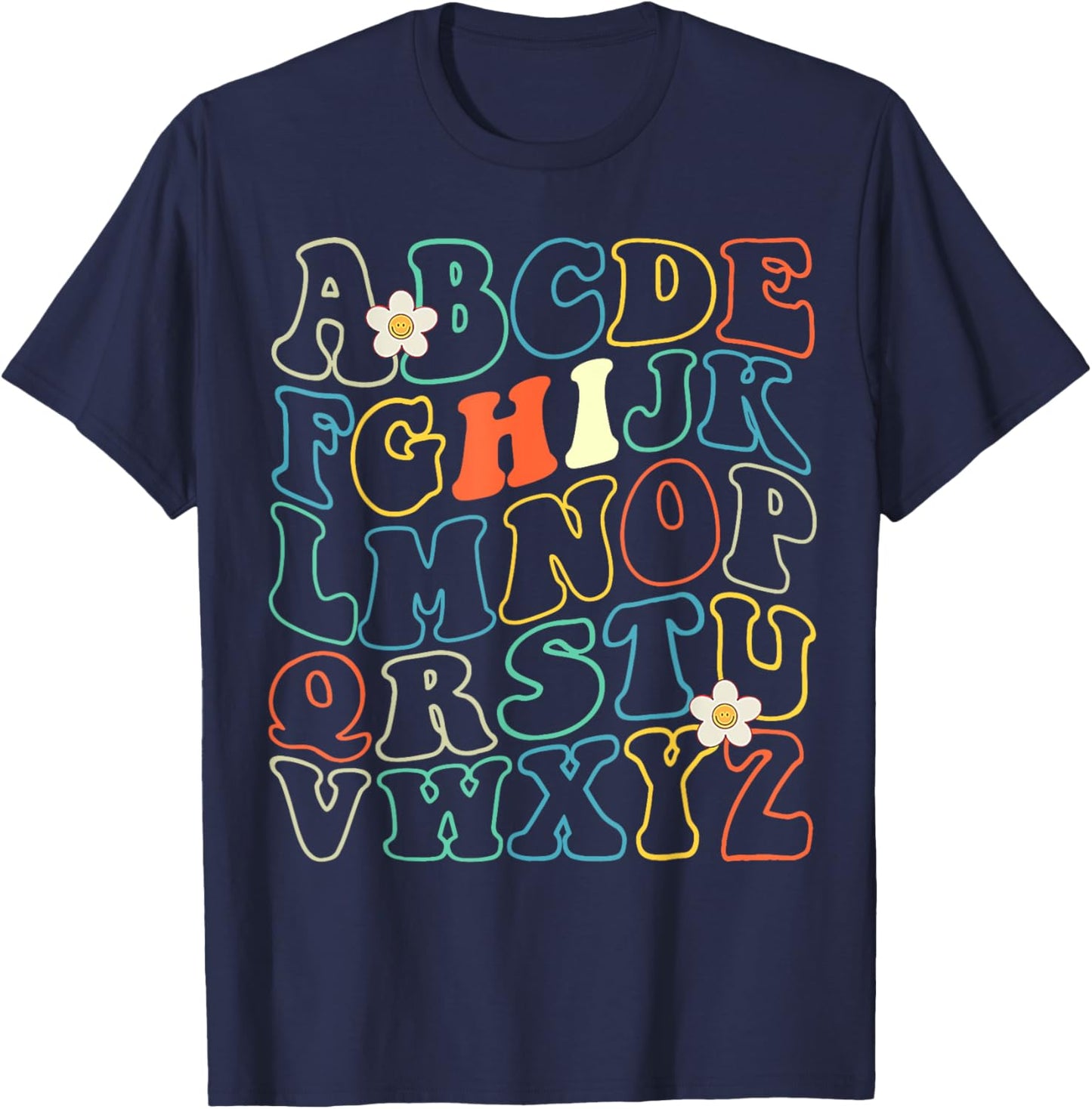 Funny Kindergarten Hi Alphabet Groovy Back To School Teacher Men Women Girls Kids T-Shirt - T-Shirt | Navy