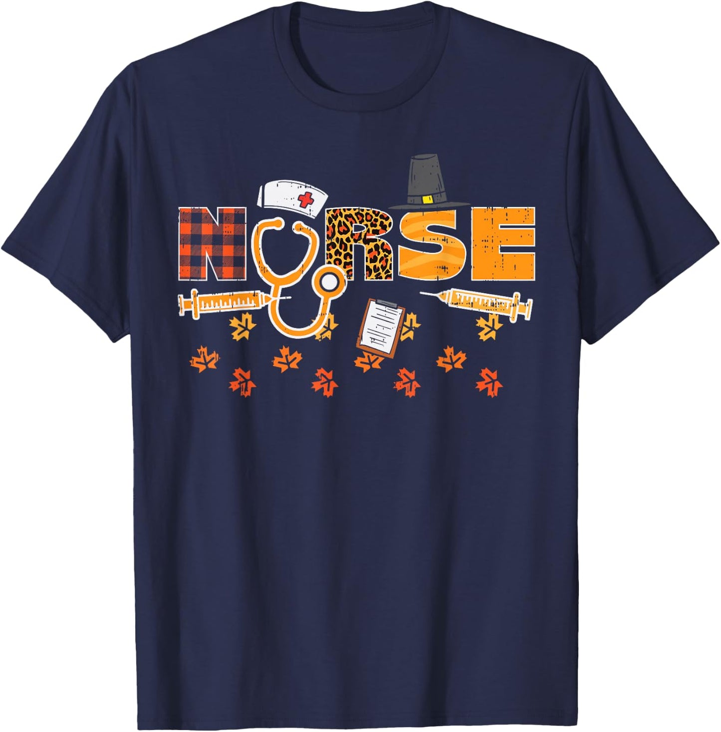 Thanksgiving Leopard Plaid Nurse Fall Scrub Top RN Men Women T-Shirt - T-Shirt | Navy
