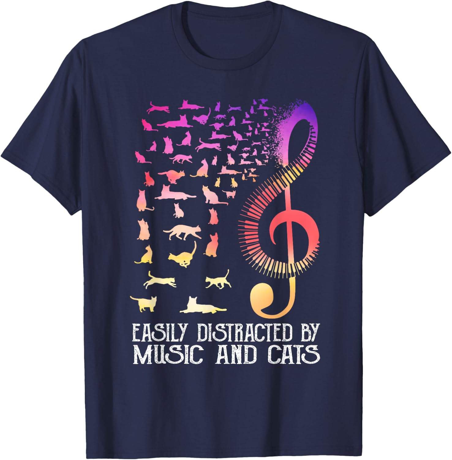 Easily distracted by music and cats for book lovers T-Shirt - T-Shirt | Navy