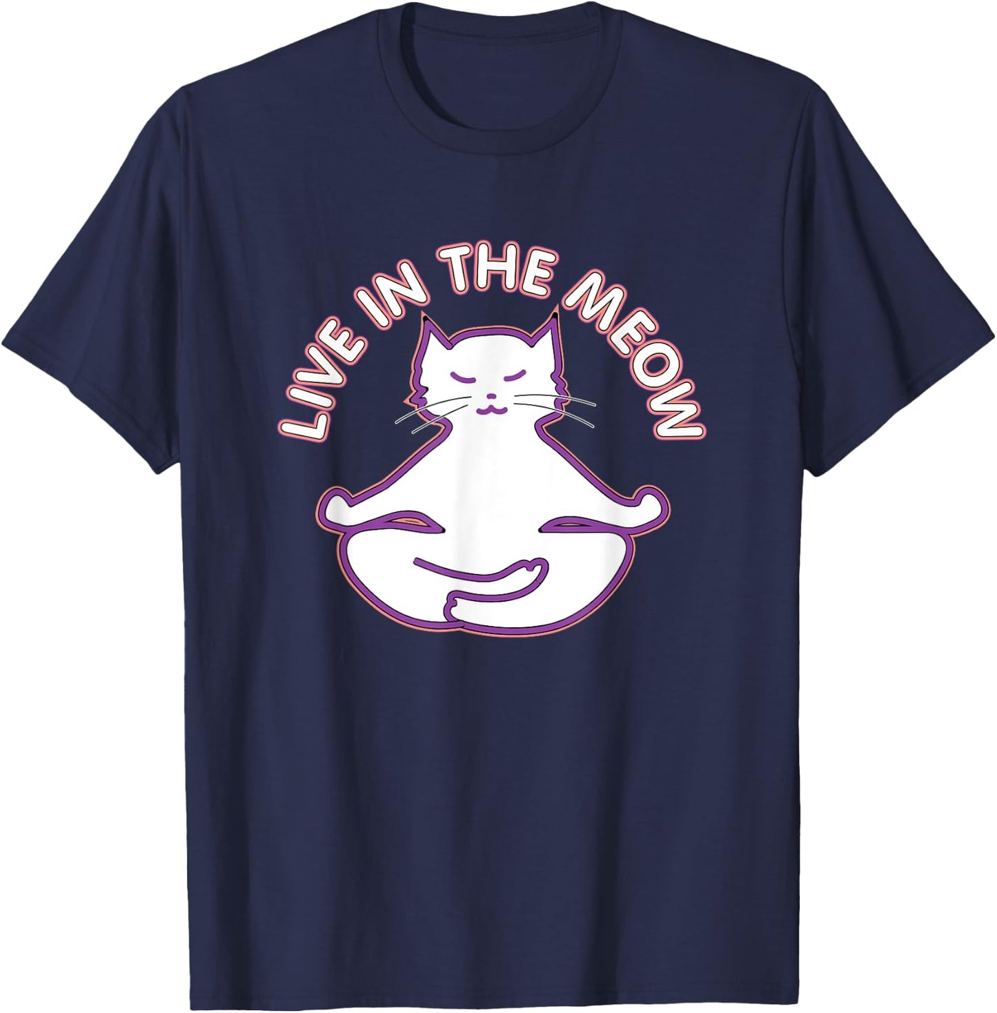 Yoga Teacher Gifts LAD Graphics Yoga Cat 'Live In The Meow' Yogi Kitty Meditation Black Women's Classic Fit Short Sleeve T-Shirt - T-Shirt | Navy