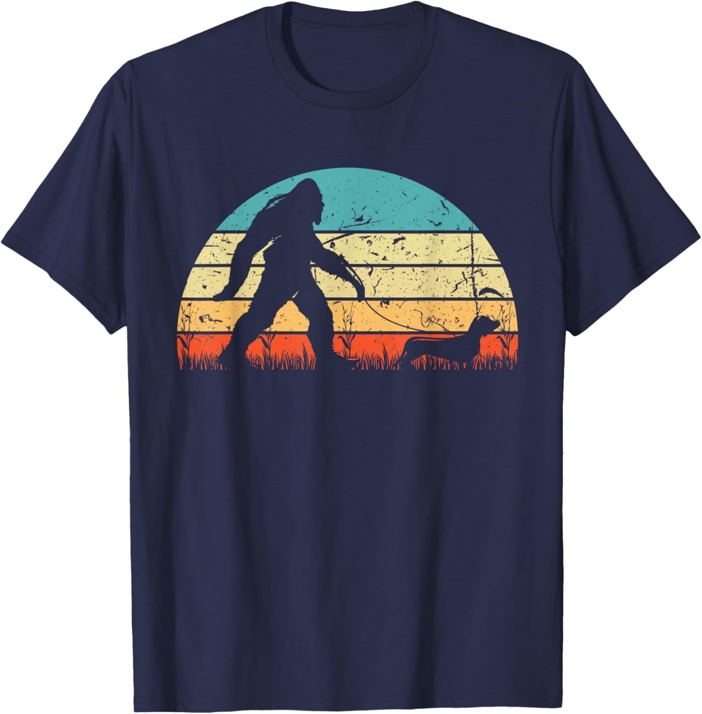 Retro Bigfoot Walking Dachshund Sasquatch Dog Wiener Vintage T-Shirt - T-Shirt | Navy
